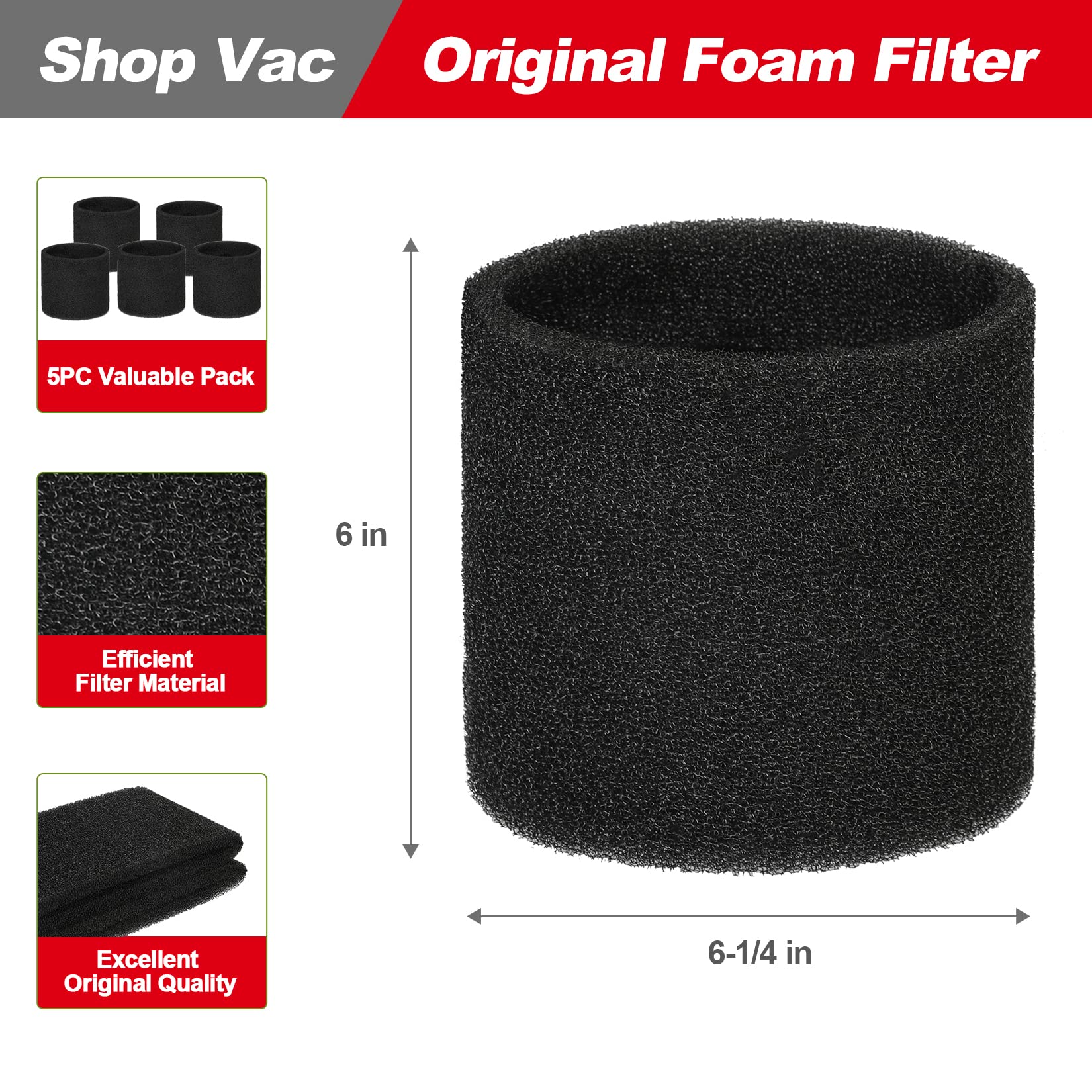 Shop-Vac 5926211 12 Gallon 6.0 Peak HP Wet/Dry Vacuum + 90585 Foam Sleeve Filter 5 Pack