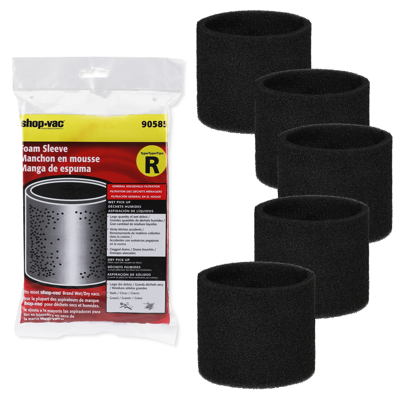 Shop-Vac 5926211 12 Gallon 6.0 Peak HP Wet/Dry Vacuum + 90585 Foam Sleeve Filter 5 Pack