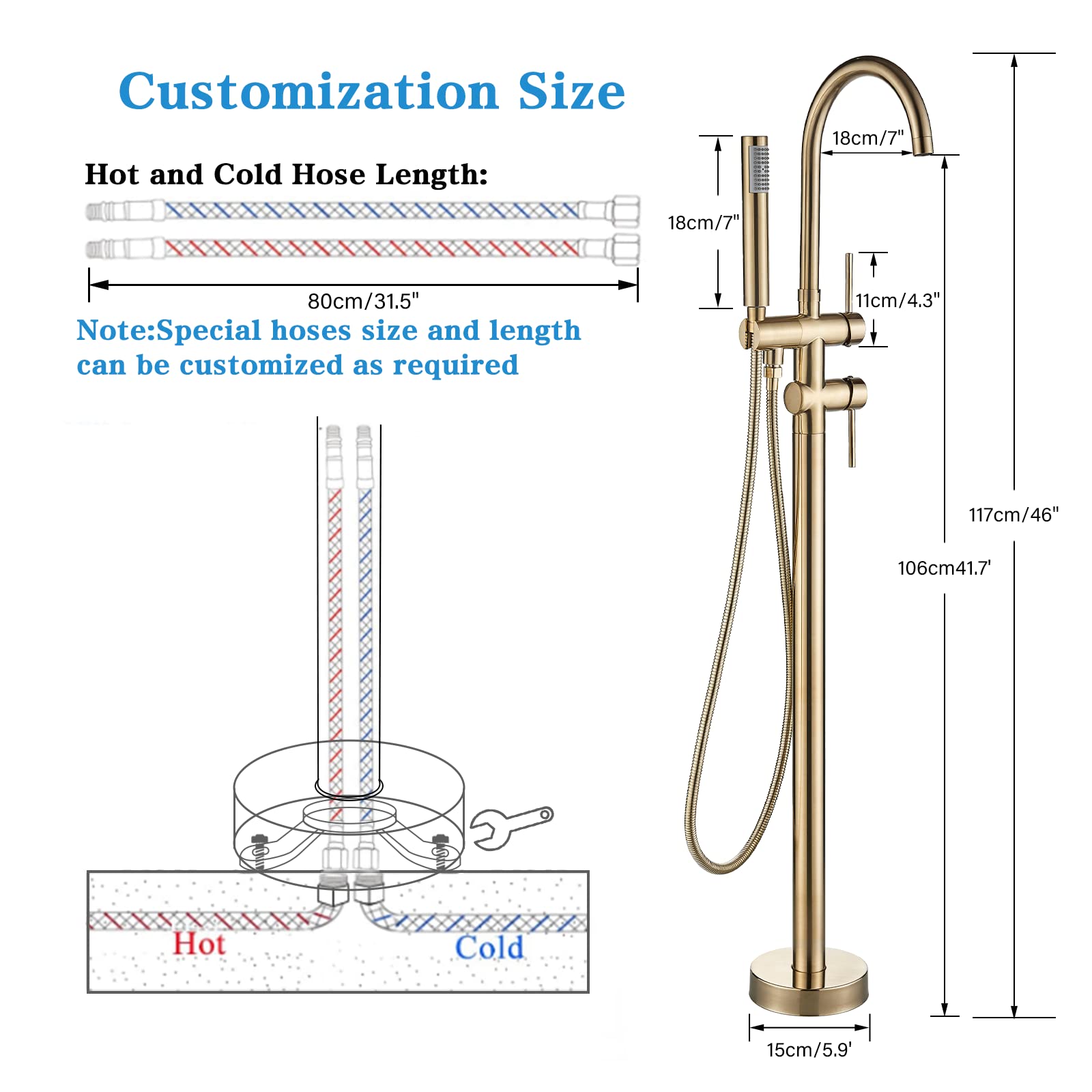 YAGATAP Freestanding Bathtub Faucet Floor Mount Tub Filler Brushed Gold High Flow Shower Faucets with Handheld Shower Mixer Taps Swivel Spout