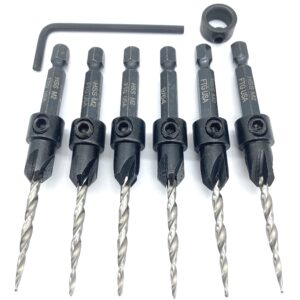 FTG USA Countersink Drill Bit Set 6 Pc #6 (9/64") Wood Countersink Drill Bit Pro Pack Countersink Set, 12 Replacement Tapered Countersink Drill Bits 9/64",1 Stop Collar, Hex Wrench