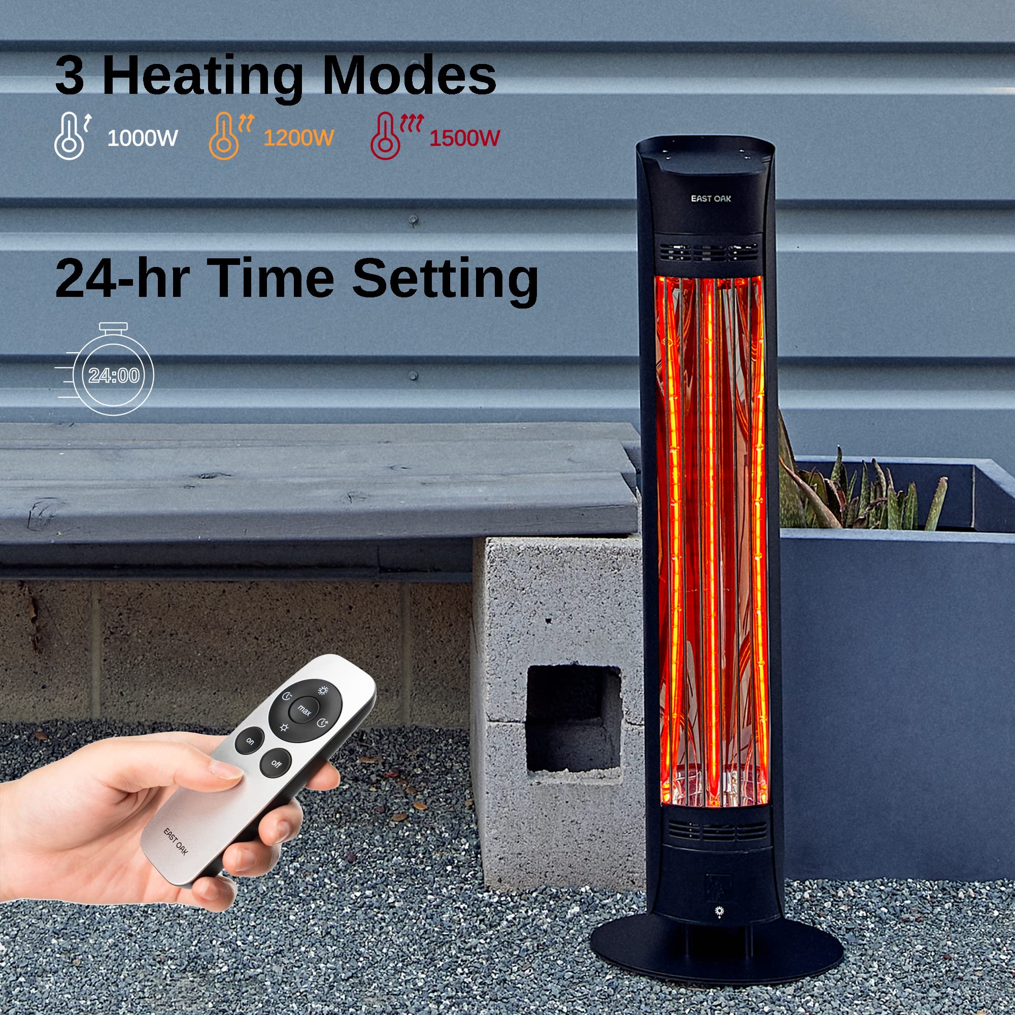 EAST OAK Outdoor Patio Heater,1500W Portable Outdoor Indoor Electric Heater with IP65 Waterproof Tip-over Protection 3 Heat Settings&24 Hours Timing Tower Infrared Heater for Garage Restaurant Use