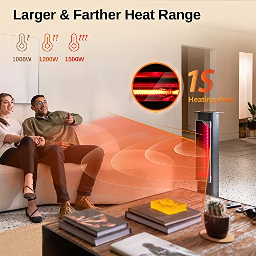 EAST OAK Patio Heater, 1500W Infrared Electric Heater, Portable Premium Tower Outdoor Heater with Nanocrystal Glass, IP65 Waterproof and Tip-over & Overheating Protection, 3 Heat Settings