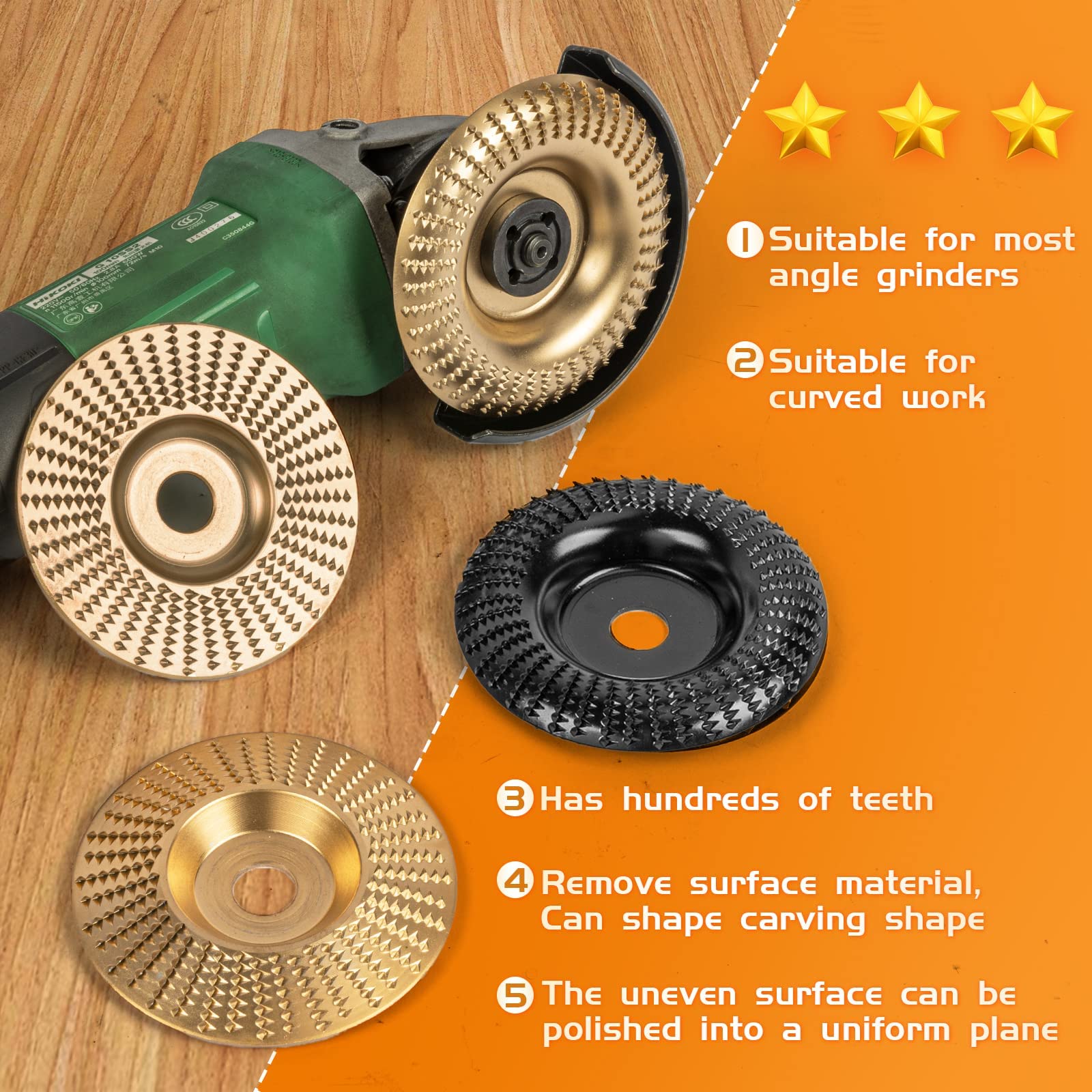 BLEKOO 4PC Angle Grinder Wood Carving Disc Set, for 4" or 4 1/2" Angle Grinder with 5/8" Arbor, Wood Shaper Carving Disc for Angle Grinder Attachments, Stump Grinder Teeth, Wood Shaping Tools