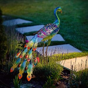 Glintoper Metal Peacocks Solar Garden Decor Outdoor Statues Sculptures with LED Lights, Solar Powered Decorative Yard Art for Landscape Patio Yard Walkway Pathway Lawn, 1 Pack