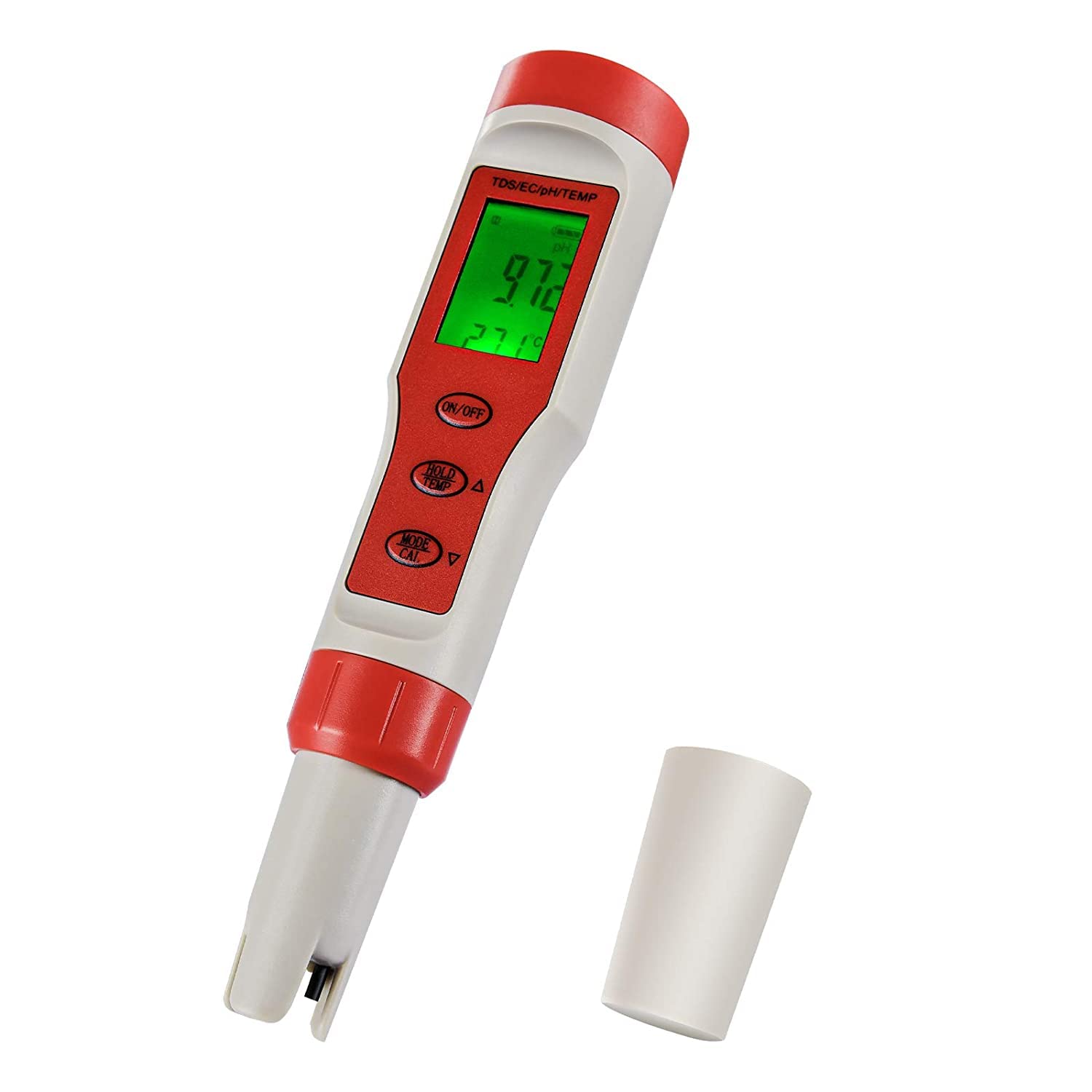 iPower Digital Water, 4 in 1 Tester with pH/TDS/EC/Temp Function, ±0.1 High Accuracy, 0-14 Measurement Range for Hydroponics, Aquarium, Pond, 4-in-1, Red and White