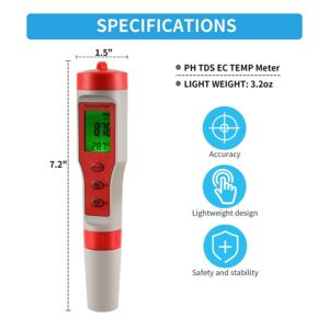 iPower Digital Water, 4 in 1 Tester with pH/TDS/EC/Temp Function, ±0.1 High Accuracy, 0-14 Measurement Range for Hydroponics, Aquarium, Pond, 4-in-1, Red and White