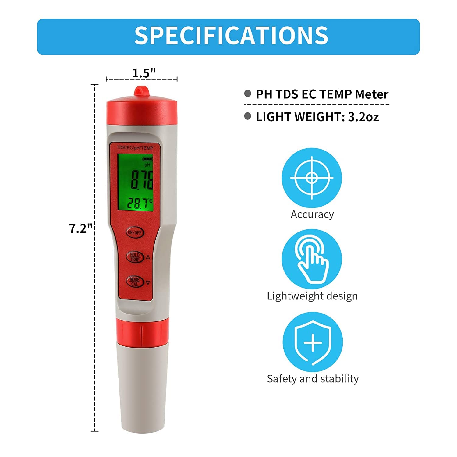 iPower Digital Water, 4 in 1 Tester with pH/TDS/EC/Temp Function, ±0.1 High Accuracy, 0-14 Measurement Range for Hydroponics, Aquarium, Pond, 4-in-1, Red and White