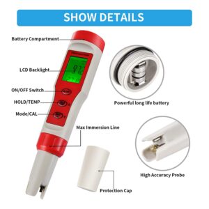 iPower Digital Water, 4 in 1 Tester with pH/TDS/EC/Temp Function, ±0.1 High Accuracy, 0-14 Measurement Range for Hydroponics, Aquarium, Pond, 4-in-1, Red and White