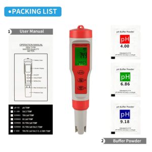 iPower Digital Water, 4 in 1 Tester with pH/TDS/EC/Temp Function, ±0.1 High Accuracy, 0-14 Measurement Range for Hydroponics, Aquarium, Pond, 4-in-1, Red and White