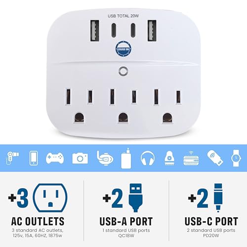 Cruise Approved Power Strip Non Surge with USB-C, USB & 3 Standard Outlet Plugs - Cruise Essentials for Carnival, Royal Caribbean & All Cruise Ships in 2023, 2024 & 2025