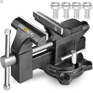 bench vise, 4-1/2" vice for workbench, utility combination pipe home vise with heavy duty forged steel construction, swivel base table vise for woodworking, home workshop use and diy jobs