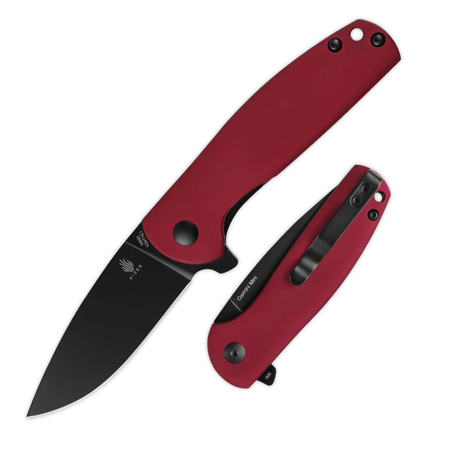 Kizer Gemini Mini Red Matte Aluminum Pocket Knife, Black Coated N690 Blade Flipper Knife with Clip for EDC,V2471E1