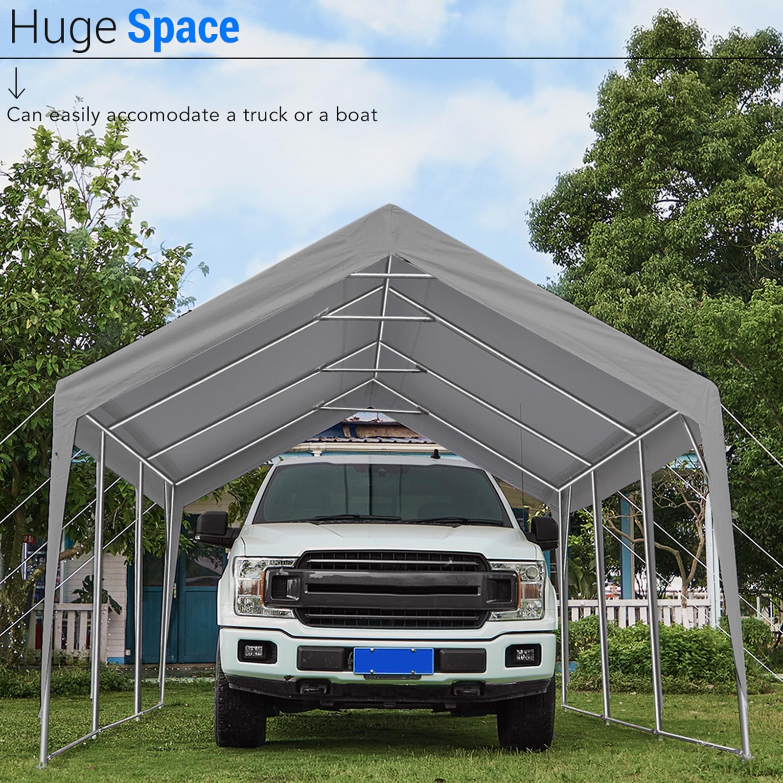 PEAKTOP OUTDOOR 12x20 ft Upgraded Heavy Duty Carport, Portable Car Canopy, Garage Tent, Boat Shelter with Reinforced Triangular Beams and Ground Bar, Gray