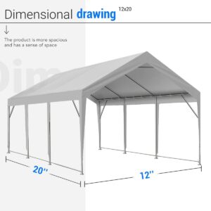 PEAKTOP OUTDOOR 12x20 ft Upgraded Heavy Duty Carport, Portable Car Canopy, Garage Tent, Boat Shelter with Reinforced Triangular Beams and Ground Bar, Gray