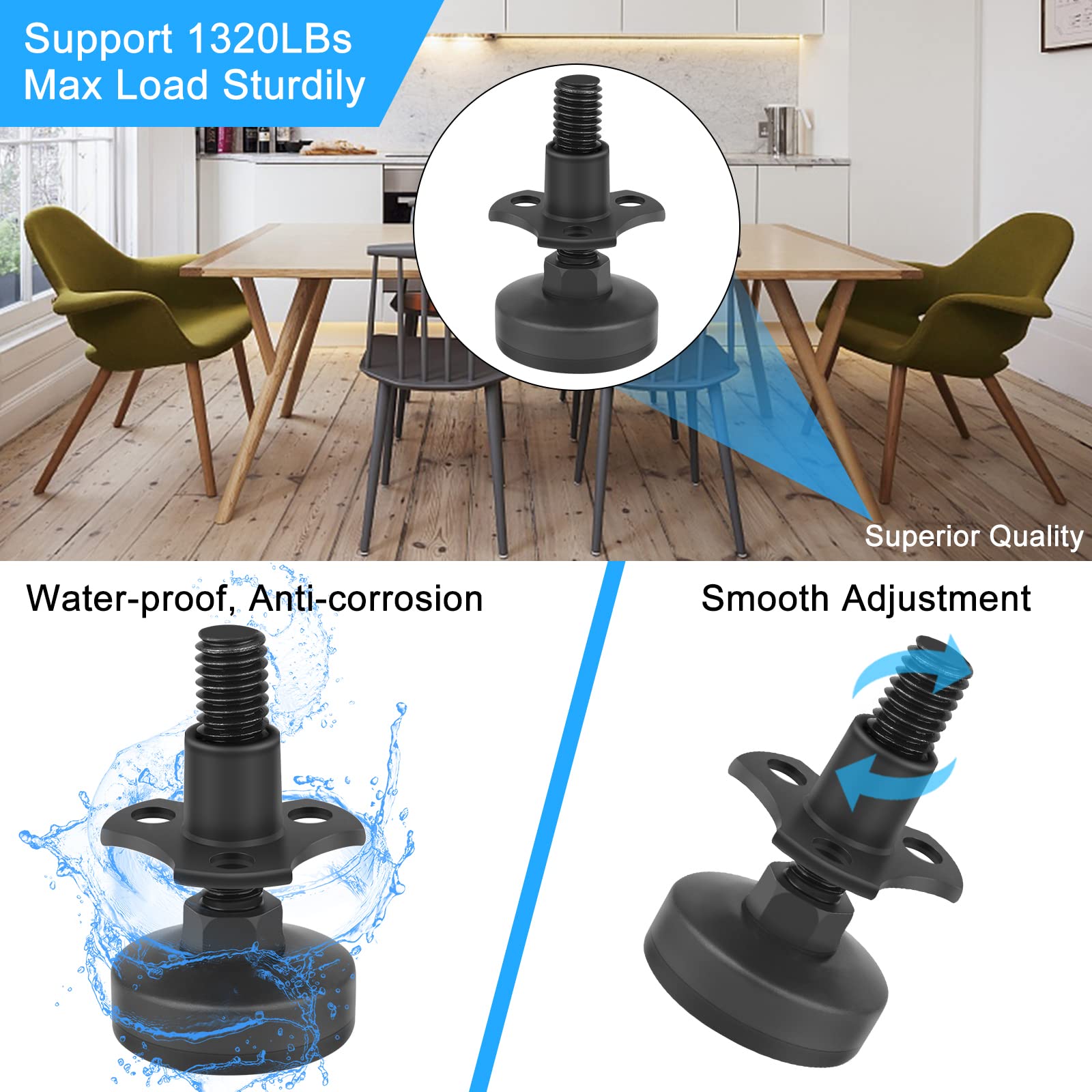 Heavy Duty Furniture Levelers 3/8''-16 Thread w/ T-Nut Kit Furniture Leveling Feet Adjustable Furniture Levelers for Tables,Cabinets,Chairs,Workbench,Sofa and More,Large Base Supports 1320LBs-4 Packs