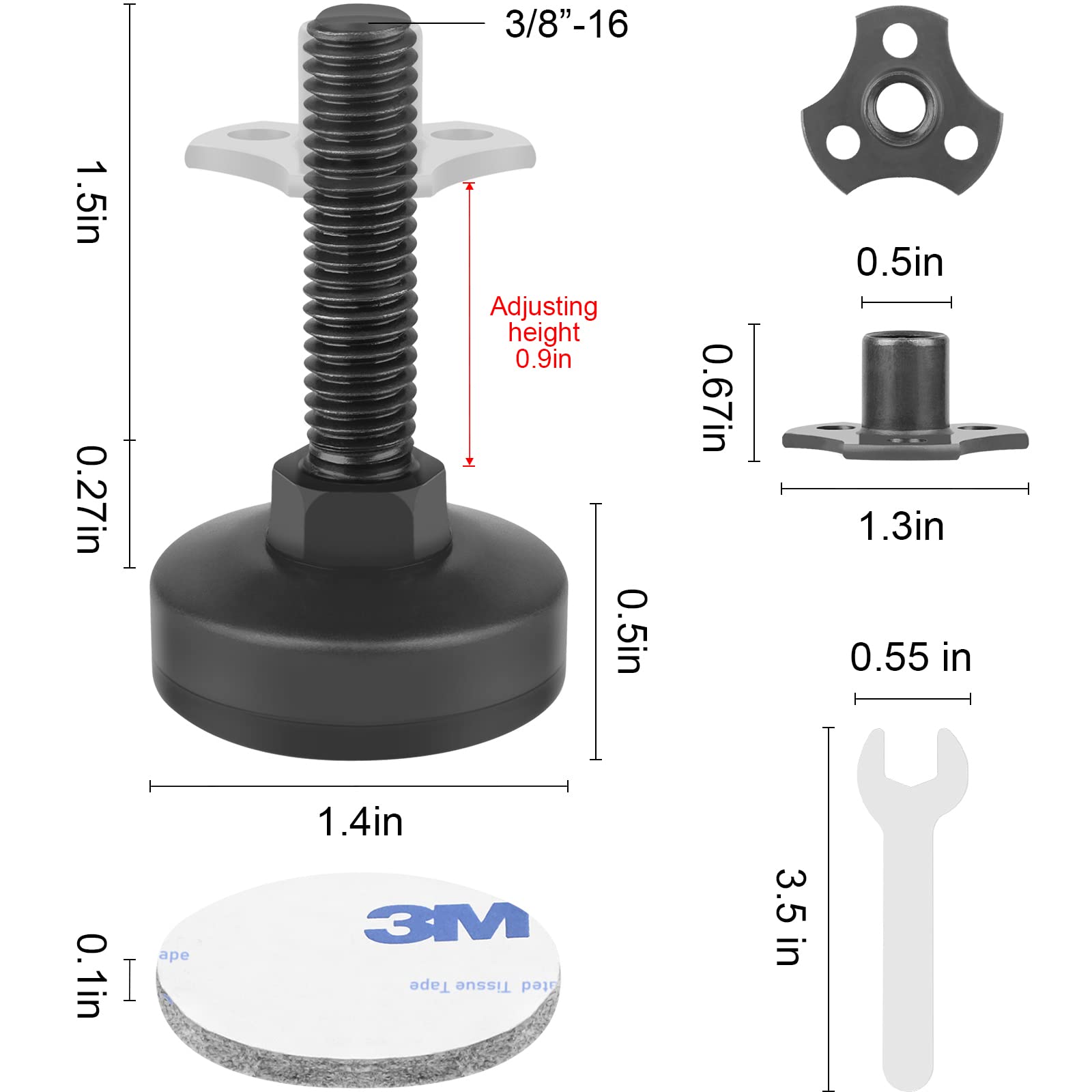 Heavy Duty Furniture Levelers 3/8''-16 Thread w/ T-Nut Kit Furniture Leveling Feet Adjustable Furniture Levelers for Tables,Cabinets,Chairs,Workbench,Sofa and More,Large Base Supports 1320LBs-4 Packs