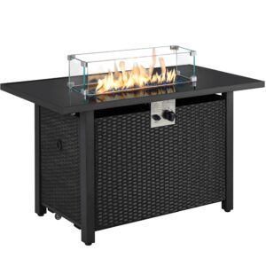 yaheetech 43 inch 50,000 btu outdoor propane gas fire pit table with glass wind guard, tempered glass tabletop, rattan wicker base and rain cover, rectangle gas firepits w/blue glass stones, black