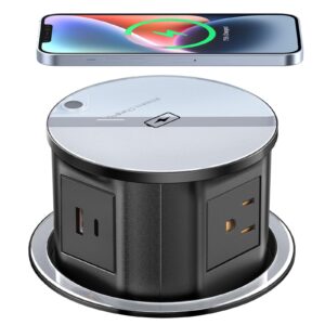 pop up outlet electrical power socket for kitchen countertop, retractable recessed power strip 4.7'' hidden outlet with 15w wireless charger 4 ac plug 1 usb-a and 1 usb-c port (black)