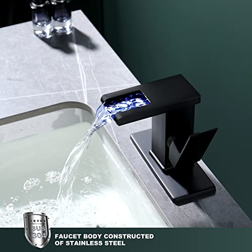 KirlystonE LED Single Handle Bathroom Faucet, Modern Square Matte Black Single Hole Vanity Sink Faucet with Waterfall Spout