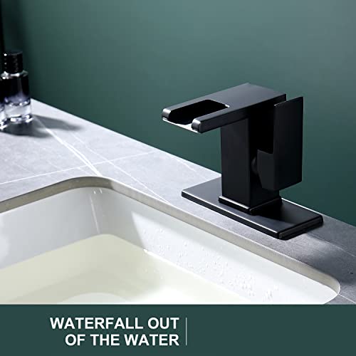 KirlystonE LED Single Handle Bathroom Faucet, Modern Square Matte Black Single Hole Vanity Sink Faucet with Waterfall Spout