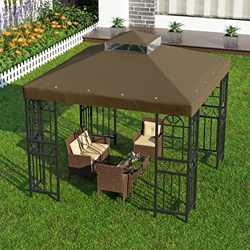 10' X 10' Gazebo Canopy Top Replacement Double Tier Garden Canopy Yard Patio Gazebo Top Cover Pavilion Cover Sunshade Polyester (Brown)