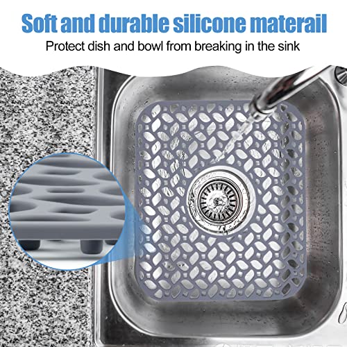 JUSTOGO Silicone Sink Mat, Grey Kitchen Sink Mats Grid Accessory, 1 PCS Folding Non-slip Sink Protector for Bottom of Farmhouse Stainless Steel Porcelain Sink (Center Drain, 13.58''x 11.6'')