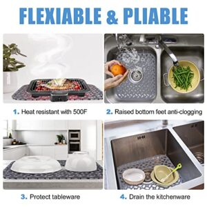 JUSTOGO Silicone Sink Mat, Grey Kitchen Sink Mats Grid Accessory, 1 PCS Folding Non-slip Sink Protector for Bottom of Farmhouse Stainless Steel Porcelain Sink (Center Drain, 13.58''x 11.6'')