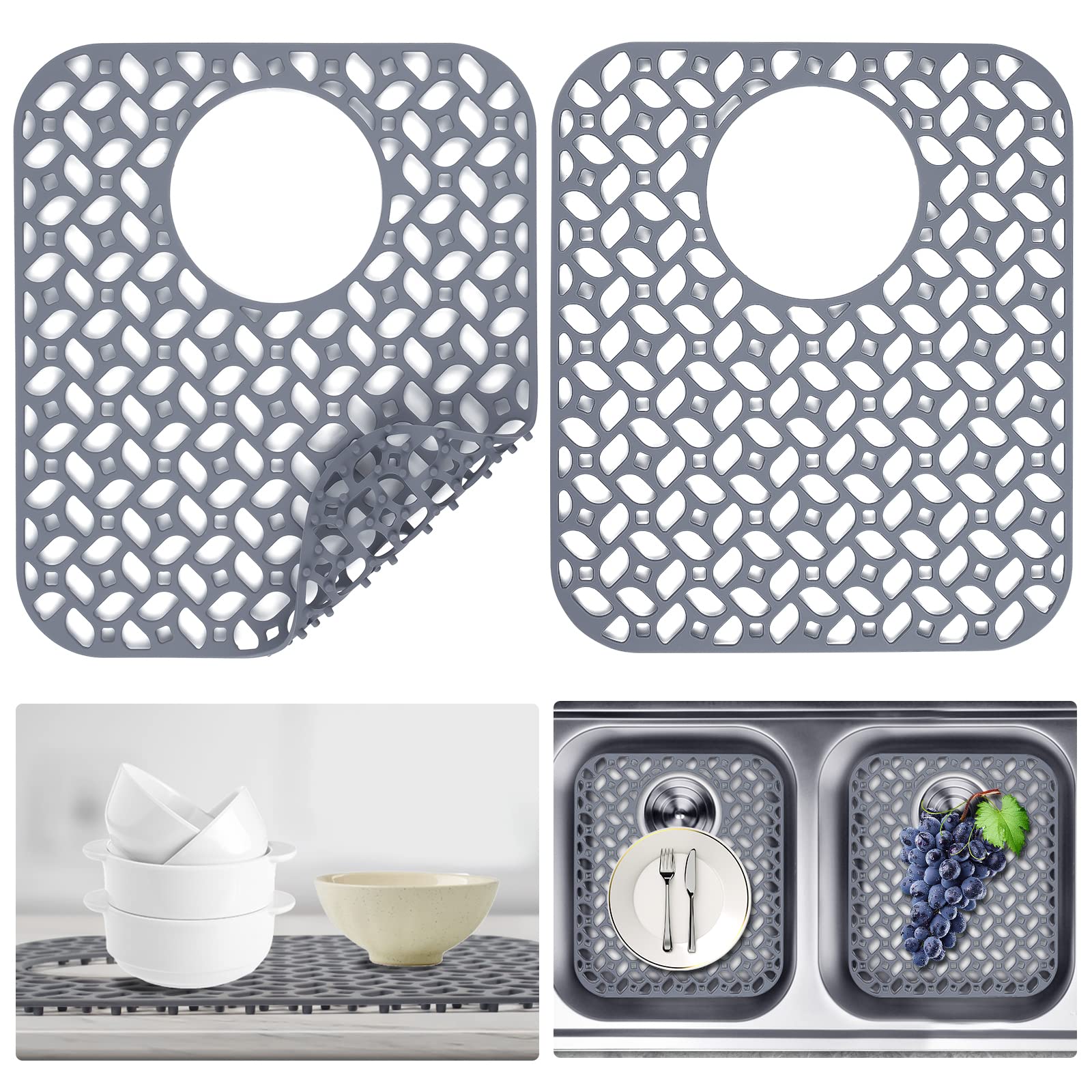 JUSTOGO Silicone Sink Protector, Rear Drain Kitchen Sink Mats Grid Accessory,2 PCS Folding Non-slip Sink Mat for Bottom of Farmhouse Stainless Steel Porcelain Sink (Grey,13.58 ''x 11.6 '')