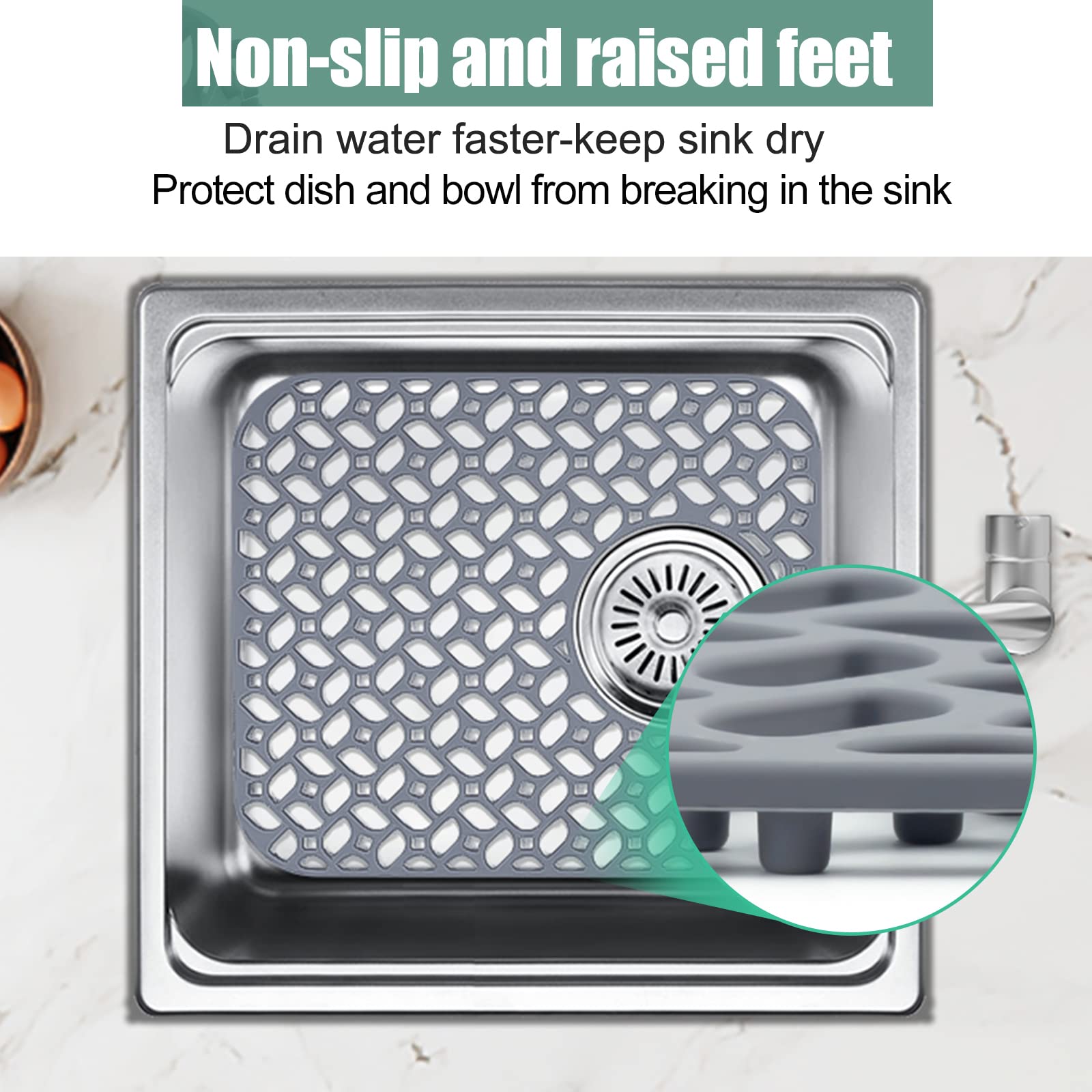 JUSTOGO Silicone Sink Protector, Rear Drain Kitchen Sink Mats Grid Accessory,2 PCS Folding Non-slip Sink Mat for Bottom of Farmhouse Stainless Steel Porcelain Sink (Grey,13.58 ''x 11.6 '')