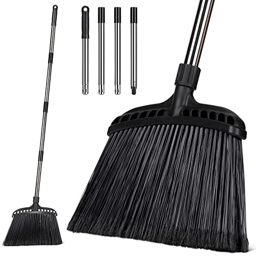 Almcmy Indoor/Outdoor Broom,Commercial Heavy Duty Broom with Stainless Steel Handle, Angle Broom for Indoor Lobby Home Garage Kitchen Office Courtyard Lawn Concrete - Black