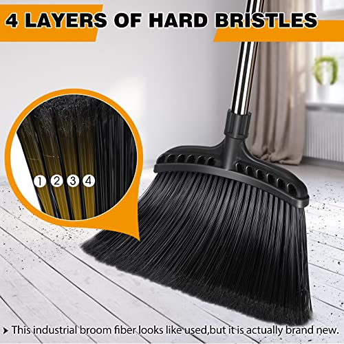 Almcmy Indoor/Outdoor Broom,Commercial Heavy Duty Broom with Stainless Steel Handle, Angle Broom for Indoor Lobby Home Garage Kitchen Office Courtyard Lawn Concrete - Black