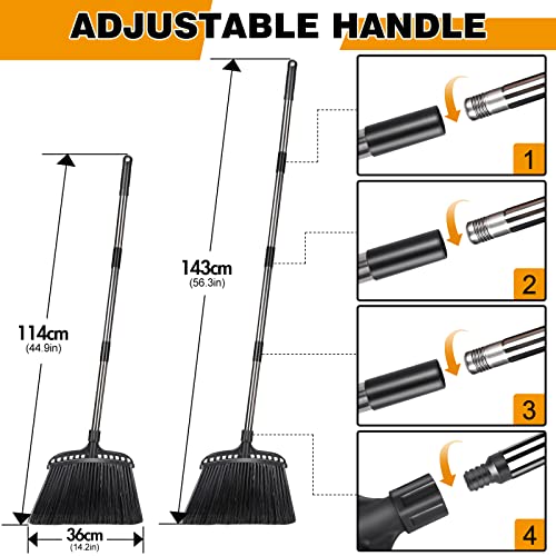 Almcmy Indoor/Outdoor Broom,Commercial Heavy Duty Broom with Stainless Steel Handle, Angle Broom for Indoor Lobby Home Garage Kitchen Office Courtyard Lawn Concrete - Black