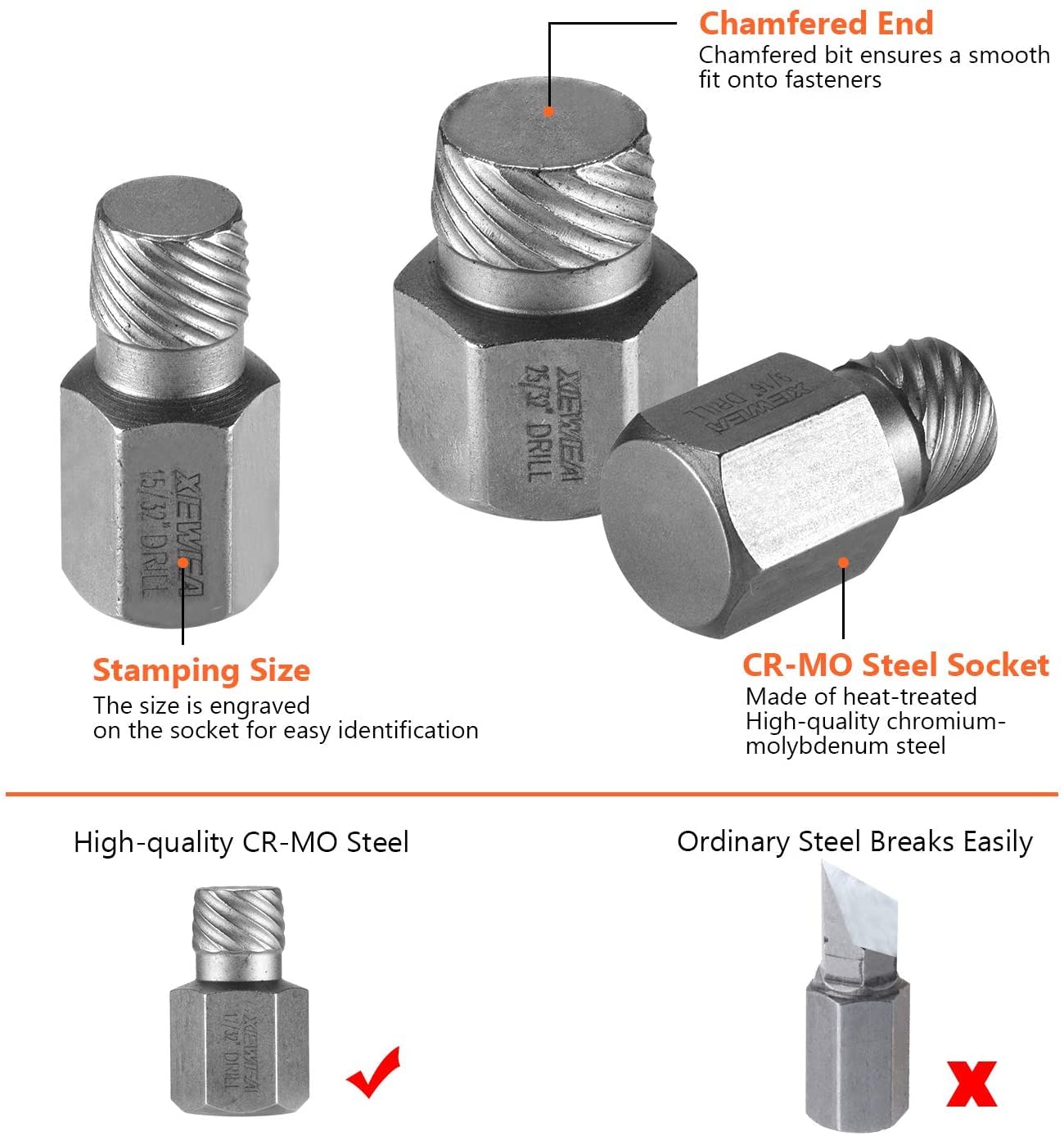 XEWEA 13Pcs Screw Extractor Set Hex Head Multi-Spline Easy Out Bolt Extractor Kit, Chrome Molybdenum Alloy Steel Rounded Bolt Remover Tool for Broken Rusted Bolts Screws