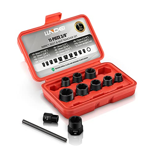 LLNDEI 3/8-Inch Metric Bolt Extractor Set, 10+1 PCS Impact Bolt Nut Remover Set, Rounded Broken Bolts Remover, Rusted Damaged Stripped Nut Removal Tool Kit with Storage Case (9-19mm