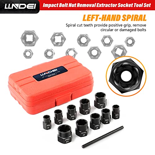 LLNDEI 3/8-Inch Metric Bolt Extractor Set, 10+1 PCS Impact Bolt Nut Remover Set, Rounded Broken Bolts Remover, Rusted Damaged Stripped Nut Removal Tool Kit with Storage Case (9-19mm