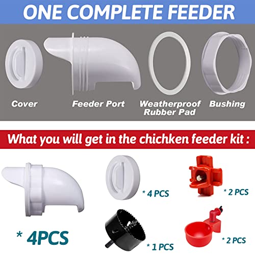 DIY Automatic Chicken Feeder and Waterer Set, 4PCS No-Waste Feeder Port,2 PCS Automatic Waterer Cup, 2 PCS Horizontal Chicken Nipples Waterer