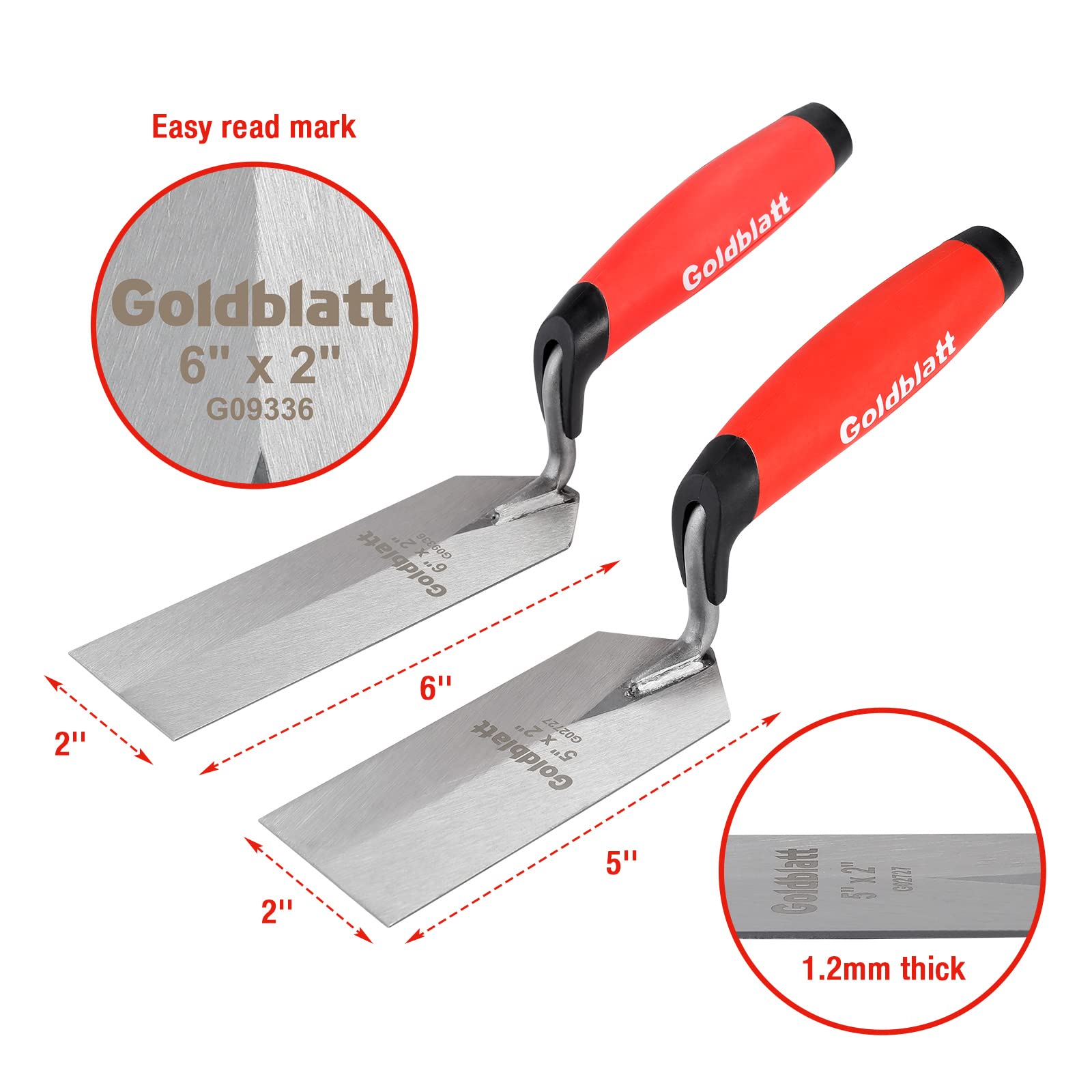 Goldblatt Industries Margin Trowel set, 6"X2" & 5"X2", Professional Masonry Flooring Tool for Concrete, Cement, Tile