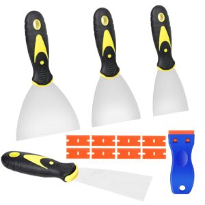 putty knife, spackle scrapers (2” 3” 4” 5” wide), stainless steel taping knife, plastic scraper, paint knife for repairing wall, applying plaster/cement/adhesive, removing wallpaper/decals, 13 pack