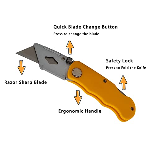 TWOMEM Lightweight Folding Utility Knife Quick Change Blade Box Cutter for Cartons, Cardboard and Boxes Lock-back Mechanism with 5 Extra Blades