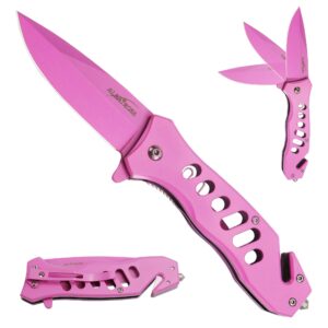 albatross multifunction stainless steel folding pocket knife, spring assisted open, 4.5" handle, 3" blade, 7.5" overall (pink)