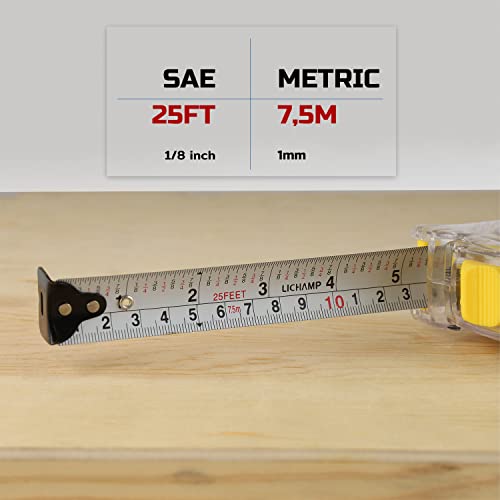 Lichamp 25FT/7.5M SAE and Metric Tape Measure 6 Pack, Retractable and Easy Read Measuring Tape Bulk Set, Min 1/8 inch Fraction and 1mm Scale, Crystal Case E6TP