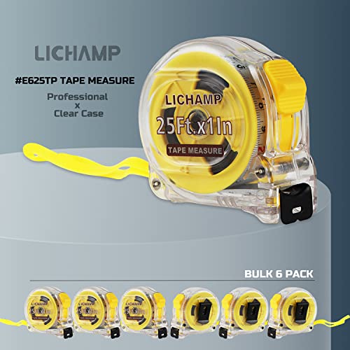Lichamp 25FT/7.5M SAE and Metric Tape Measure 6 Pack, Retractable and Easy Read Measuring Tape Bulk Set, Min 1/8 inch Fraction and 1mm Scale, Crystal Case E6TP