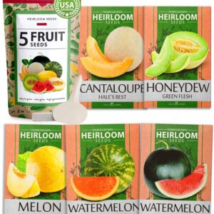 HOME GROWN 5 Melon Fruit Seeds Variety Pack - Watermelon Seeds, Melon Seeds, Cantaloupe, Sugar Baby Watermelon, Honeydew Fruit Seeds for Planting Home Garden - Non GMO Heirloom Seeds for Planting