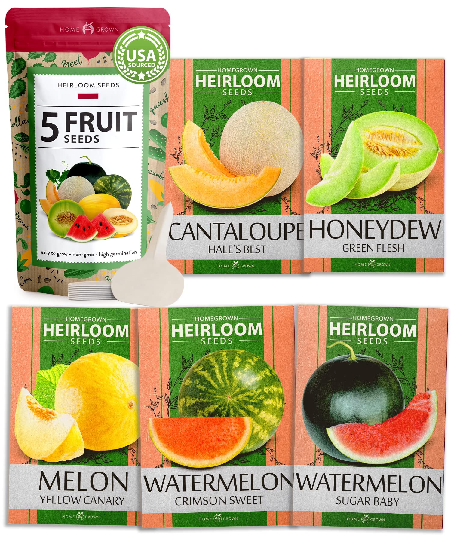 HOME GROWN 5 Melon Fruit Seeds Variety Pack - Watermelon Seeds, Melon Seeds, Cantaloupe, Sugar Baby Watermelon, Honeydew Fruit Seeds for Planting Home Garden - Non GMO Heirloom Seeds for Planting