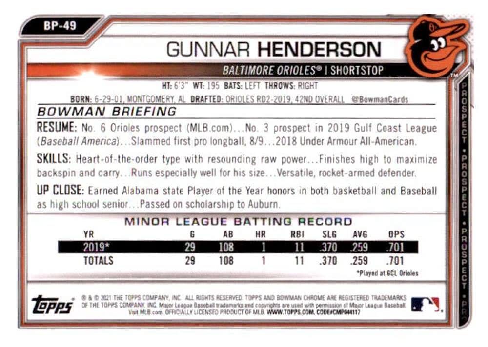 2021 Bowman Chrome Prospects #BCP-49 Gunnar Henderson Baltimore Orioles Baseball NM-MT