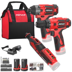 populo 12v max lithium-ion cordless combo kit (3-tool), power drill driver, 1/4 in. impact driver, power rotary tool combo kit with 2.0ah batteries (2-pack), charger and tool bag