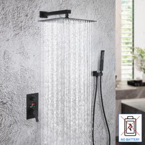 SKOWLL Rain Shower System Wall Mount 12 Inch Bathroom Overhead Shower Kit Digital Shower Fixtures Set with 2 Function LCD Display Valve, 7416W-MB Matte Black