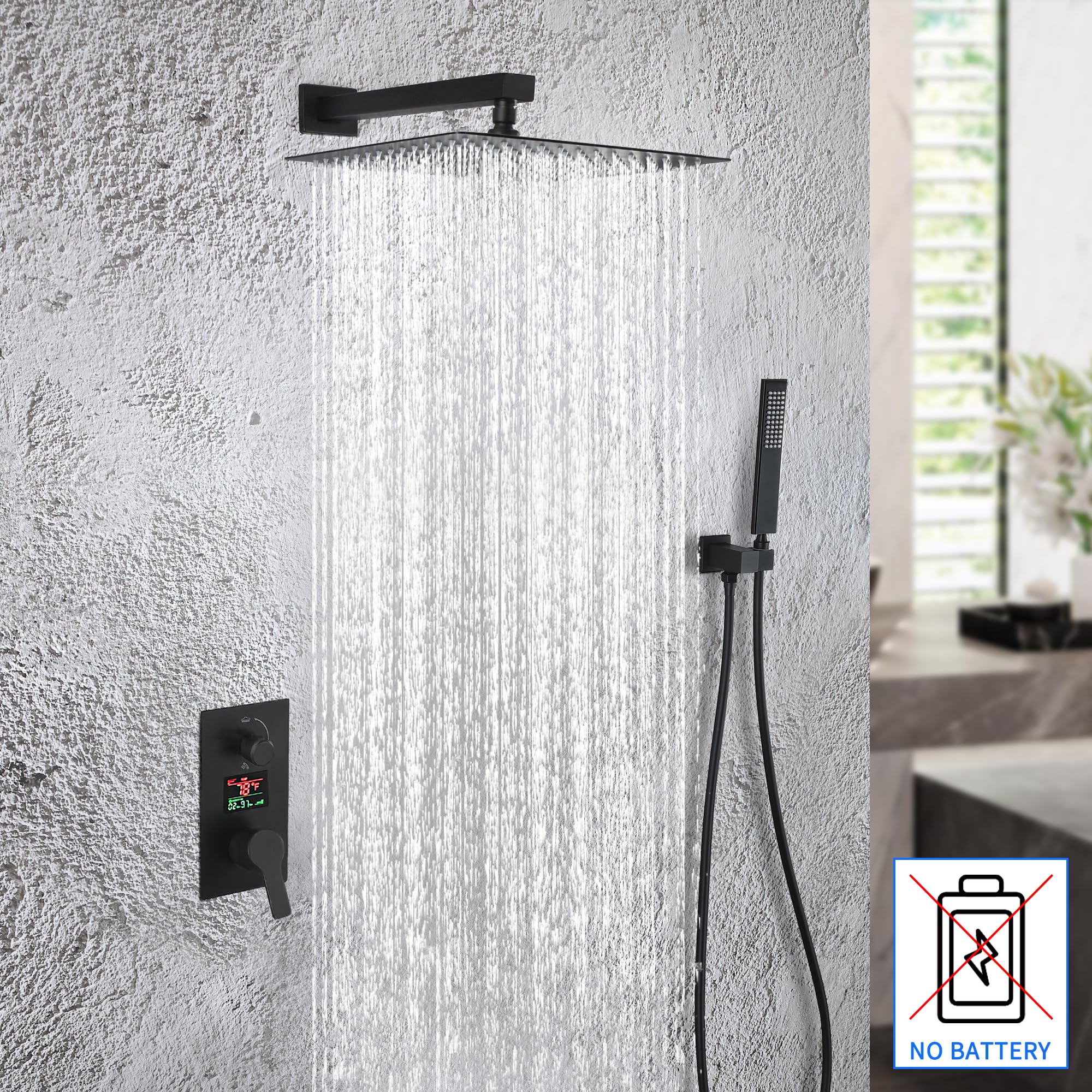 SKOWLL Rain Shower System Wall Mount 12 Inch Bathroom Overhead Shower Kit Digital Shower Fixtures Set with 2 Function LCD Display Valve, 7416W-MB Matte Black