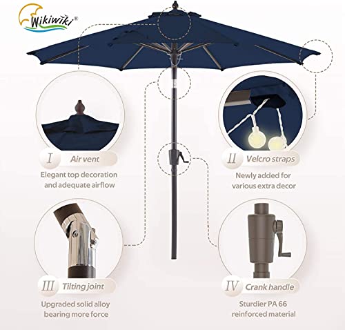 wikiwiki Olefin 9 FT Market Umbrella Patio Outdoor Table Umbrellas with 3-Year Nonfading Olefin Canopy and Push Button Tilt for Garden, Lawn, Backyard & Pool, Navy Blue