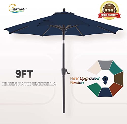 wikiwiki Olefin 9 FT Market Umbrella Patio Outdoor Table Umbrellas with 3-Year Nonfading Olefin Canopy and Push Button Tilt for Garden, Lawn, Backyard & Pool, Navy Blue